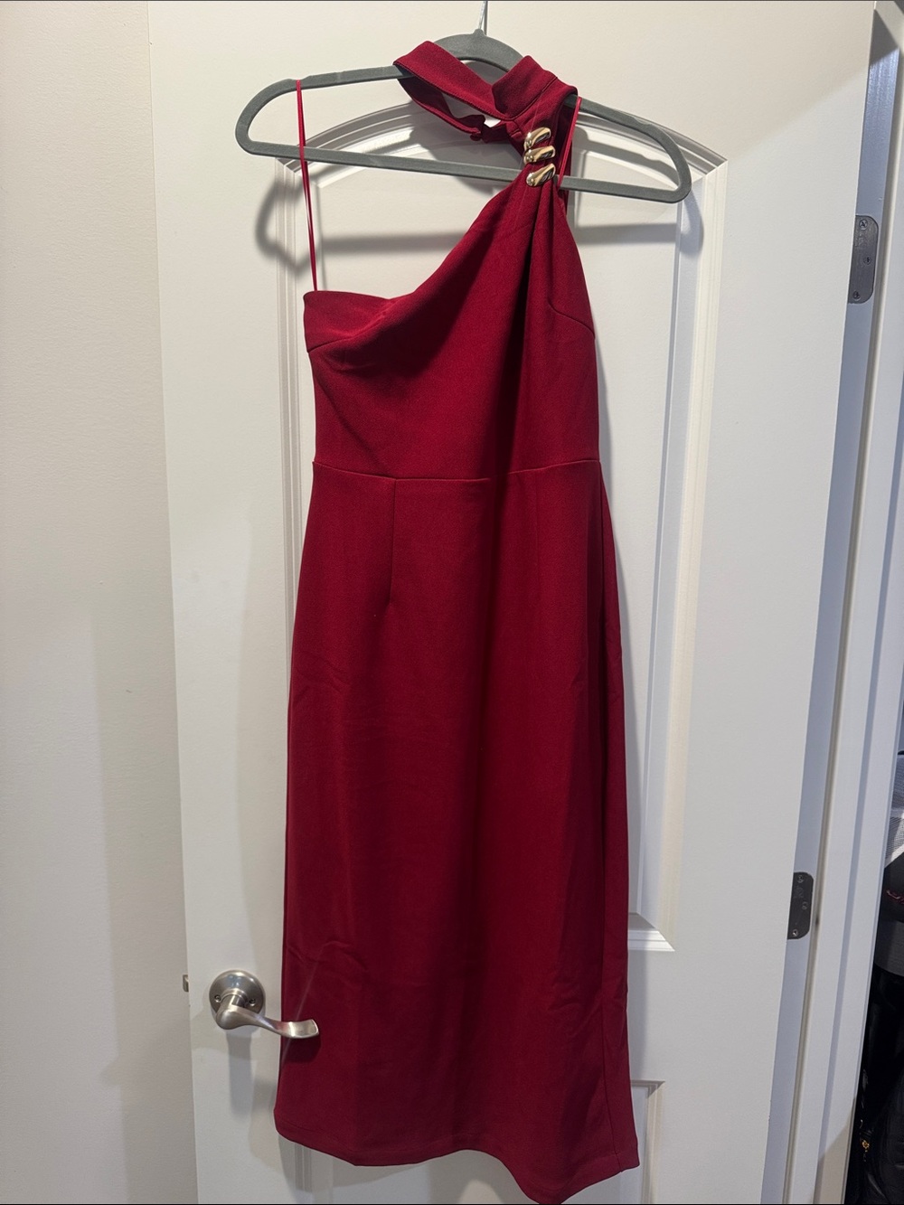 Elegant Red MIDI Dress with asymmetrical necklines NWT SIZE SMALL